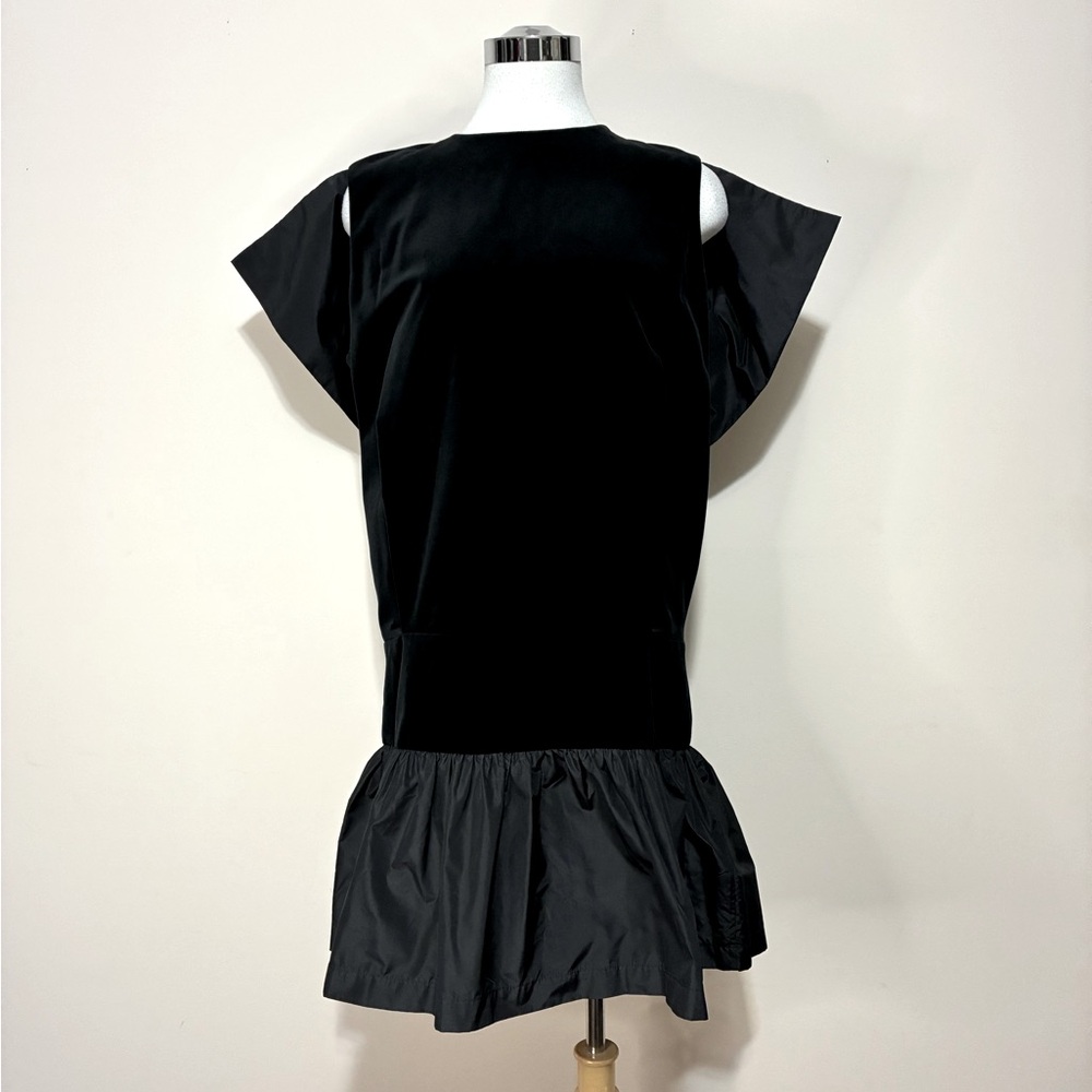 Fidan Novruzona Black Cotton Velvet with Silk Ruffle Hem and Bow Dress